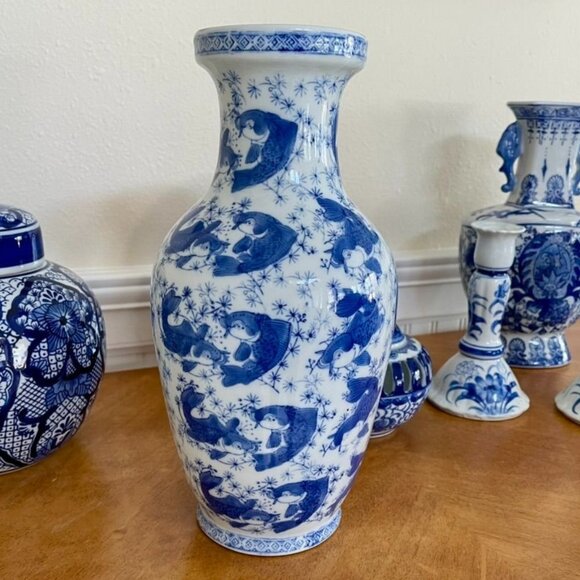 Vintage Chinoiserie Blue and White Koi Vase, 12.5", Porcelain Decor Accent - Picture 6 of 6